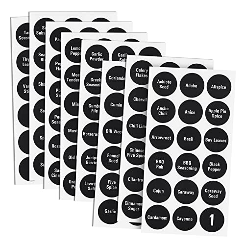 Talented Kitchen 144 Round 1.5 Inch Spice Jar Labels Preprinted, Chalkboard Seasoning Spice Labels Stickers + Numbers for Kitchen Organization and Storage (Water Resistant)