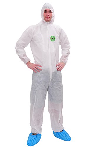 RAYGARD 30003 Disposable Dust Protective Polypropylene PP Coverall with Hood Suit Lightweight Elastic Cuffs, Ankles, Waist Zipper Front for Spray Painting Industrial(Large,White)