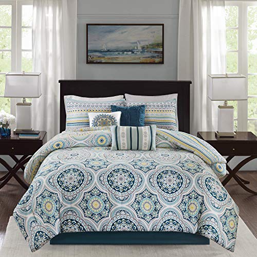 Madison Park Mercia Cozy Comforter Set , All Season Down Alternative Casual Bedding with Matching Shams, Decorative Pillows, King(104″x92″), Teal 7 Piece