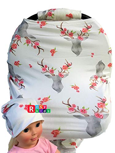 Rosy Kids Stretchy Infant Car Seat Canopy Cover, Jersey Car Seat Cover Elastic Nursing Scarf Privacy Cover with Matching Car Seat Handle Cover and Baby Hat, Color08JY05