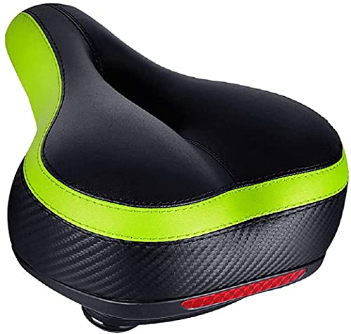 TONBUX Comfortable Bicycle Seat, Bike Seat Replacement with Dual Shock Absorbing Ball Wide Bike Seat Memory Foam Bicycle Seat with Mounting Wrench (Black/Green with Reflective Sticker)