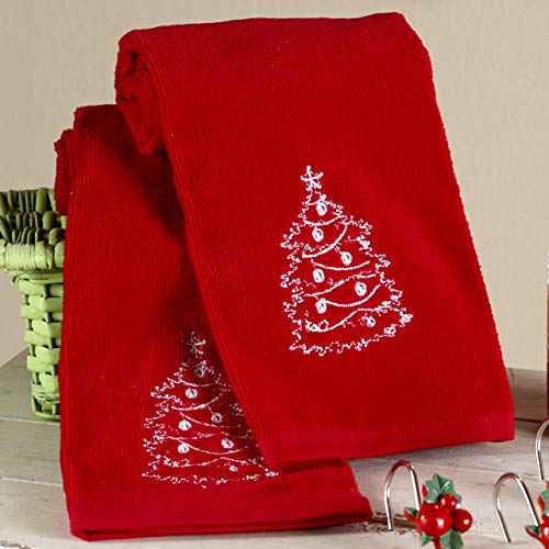 The Lakeside Collection Christmas Tree Hand Towels with Red Chalkboard Style – Set of 2