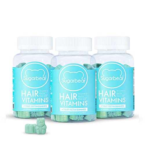 Sugarbear Hair Vitamin Gummies for Normal Hair & Nails Growth with Vegan Vitamin C, B12, Biotin, Zinc, Iodine, Folate, Coconut Oil, Hair Supplement for Women & Men (3 Month Gift Pack Free Brush)