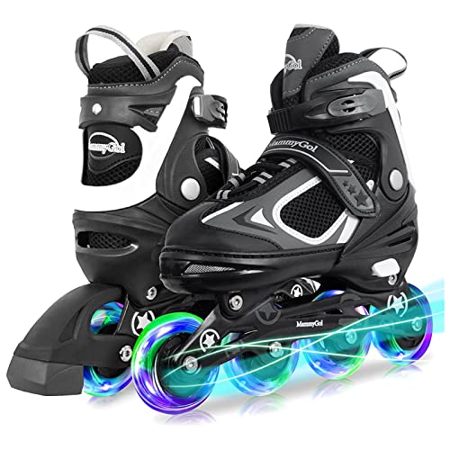 Adjustable Inline Skates for Kids Youth with Light up Wheels,Illuminating Beginner Black Roller Skates for Boys Size 5-8