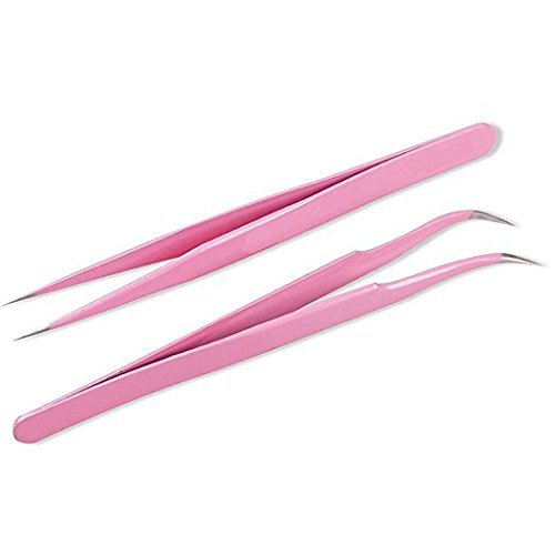 Onwon 2 Pcs Pink Stainless Steel Tweezers for Eyelash Extensions, Straight and Curved Tip Tweezers Nippers, False Lash Application Tools