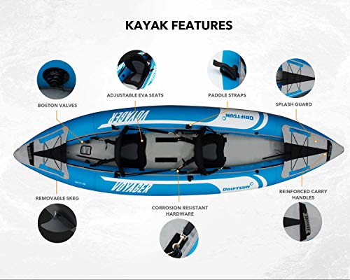 Driftsun Voyager Inflatable Kayak – 2 Person Tandem Inflatable Kayak, Includes 2 Aluminum Paddles, 2 Padded Seats, Double Action Pump and Travel Backpack | The Storepaperoomates Retail Market - Fast Affordable Shopping