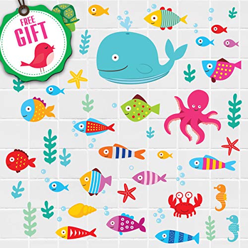 Ocean Fish Wall Decals – Sea Whale Turtle Tropical Creatures Bathroom Stickers – Cartoon Decorative Bathroom Wall Decal for Kids [>50 Art Decals]