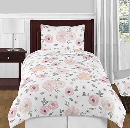 Sweet Jojo Designs Blush Pink, Grey and White Shabby Chic Watercolor Floral Girl Twin Kid Childrens Bedding Comforter Set 4 Pieces – Rose Flower