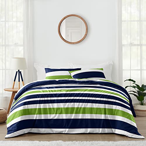 Navy Blue Lime Green and White Childrens, Kids, Teen 3 Piece Full/Queen Boys Stripe Bedding Set Collection