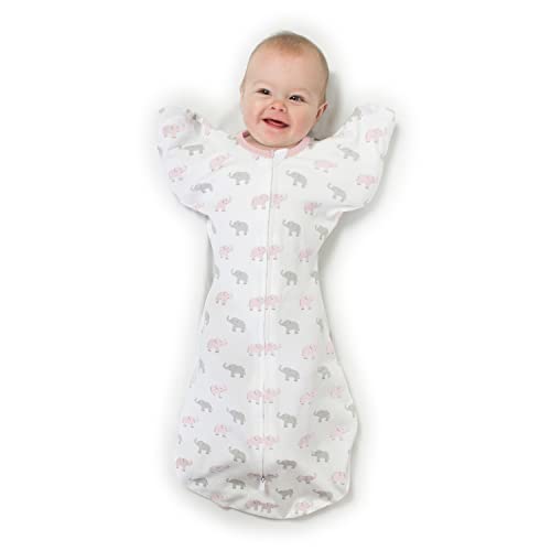 Amazing Baby Transitional Swaddle Sack with Arms Up Half-Length Sleeves and Mitten Cuffs, Tiny Elephants, Pink, Medium, 3-6 months, 14-21 lbs (Better Sleep for Baby Girls, Easy Swaddle Transition)