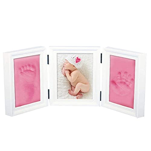 JZK Baby handprint footprint picture frame kit for boys and girls perfect baby shower gift, EN71 toy test passed non-toxic child safe, pink premium clay & white wood frames