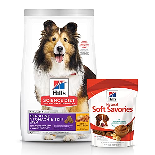 Hill’S Science Diet Adult Sensitive Stomach & Skin Chicken Meal & Barley Recipe Dry Dog Food (4 Pound Bag) And Soft Savories With Peanut Butter & Banana Dog Treats (8 Ounce Bag)