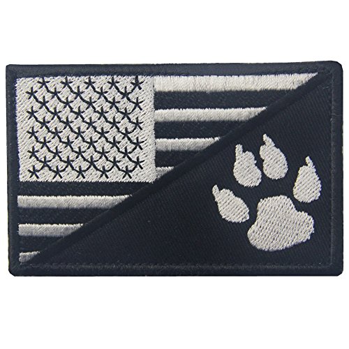 Tactical US Flag with Tracker Paw Patriot Milltary Embroidered Applique Morale Hook & Loop Patch – White & Black