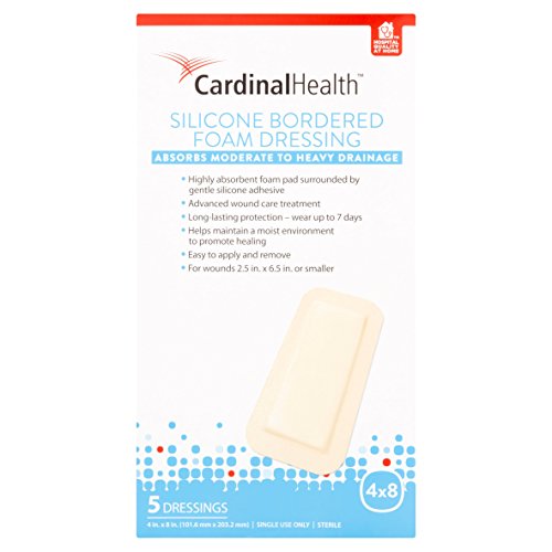 Cardinal Health BFM48R Silicone Bordered Foam Bandage 4-inch x 8-inch (5), 5 Count