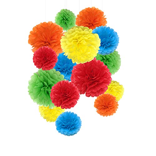 Tissue Paper Pom Poms Paper Flowers for Wedding, Birthday Celebration Party Decorations and Outdoor Decor 15 Pcs of 8,10,14 Inch (Rainbow)