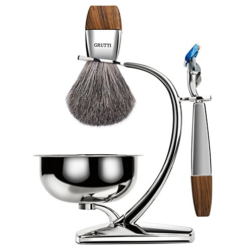 GRUTTI Premium Shaving Brush Set with Luxury Badger Brush, Soap Bowl and Manual Mens Razor, Shave Stand Holder Compatible with Fusion 5, Best Gift for Men- Wooden Handle
