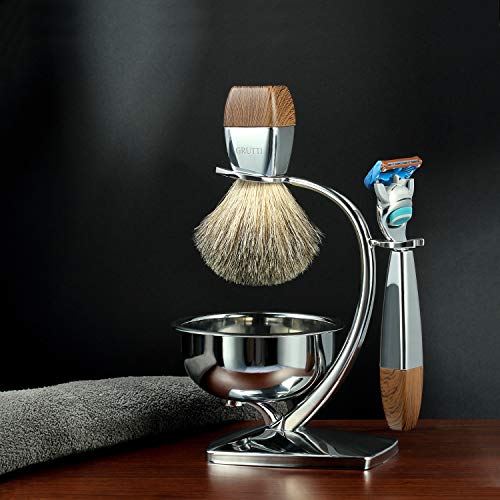GRUTTI Premium Shaving Brush Set with Luxury Badger Brush, Soap Bowl and Manual Mens Razor, Shave Stand Holder Compatible with Fusion 5, Best Gift for Men- Wooden Handle | The Storepaperoomates Retail Market - Fast Affordable Shopping
