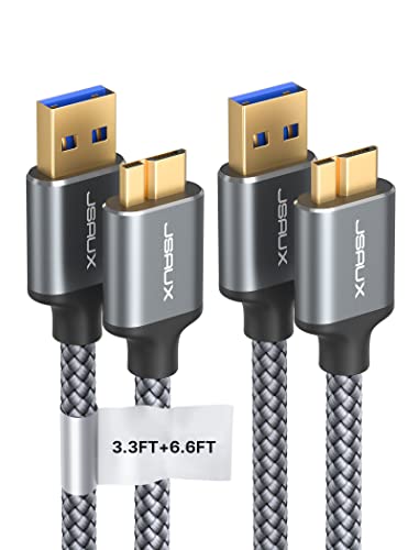 JSAUX [3.3FT+6.6FT] Micro USB 3.0 Cable, USB A Male to Micro B Cable 2 Pack External Hard Drive Cable Nylon Braided Cord for Samsung S5/Note 3, Camera, Toshiba, Seagate Hard Drive, WD Hard Drive-Grey