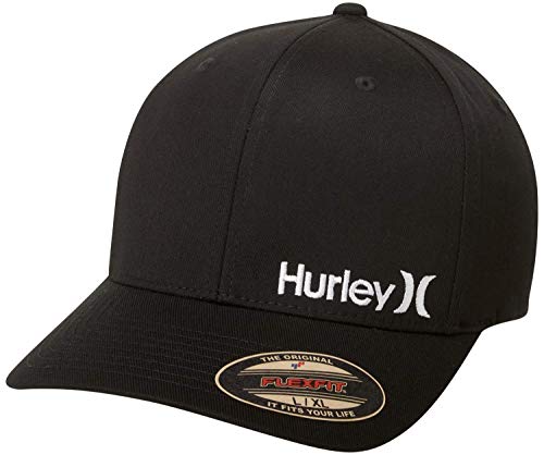 Hurley Men’s One & Only Corp Flexfit Perma Curve Bill Baseball Hat, Solid Black/White, S-M