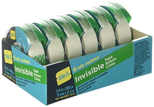 Seal-It Invisible Stationery Tape 3/4 x 1000 Inches On Press N’ Cut Dispenser, Pack of 6 Total 6000 Inches, White (62452)