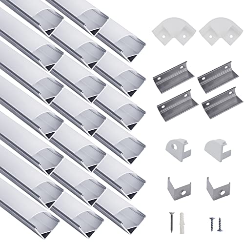 hunhun 20-Pack 3.3ft/1Meter V Shape LED Aluminum Channel System with Milky Cover, End Caps and Mounting Clips, Aluminum Profile for LED Strip Light Installations, Very Easy Installation