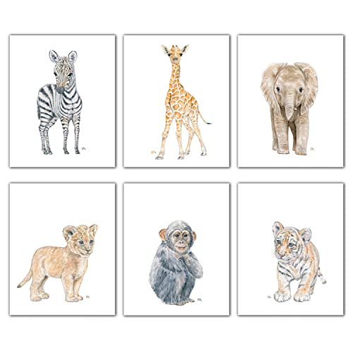 Safari and Jungle Animal Nursery Prints Set of 6 Unframed, Pick Your Baby Animals and Print Size, Original Watercolor Art Signed by Artist
