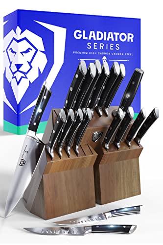 DALSTRONG Knife Block Set – 18 Piece Colossal Knife Set – Gladiator Series – High Carbon German Steel – Acacia Wood Stand – Black ABS Handles – Premium Kitchen Set Professional – NSF Certified