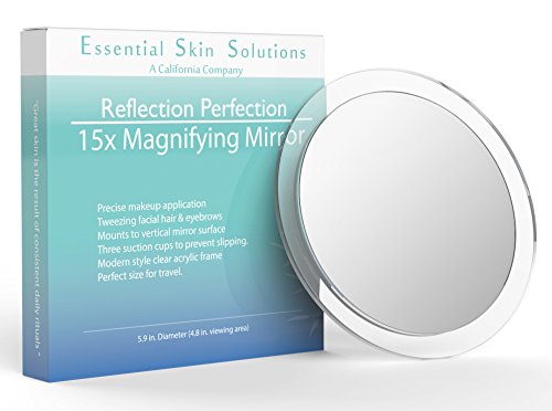 Essential Skin Solutions 15X Magnifying Mirror – Use for Makeup Application – Tweezing – and Blackhead/Blemish Removal – 6 Inch Round Mirror with Three Suction Cups for Easy Mounting