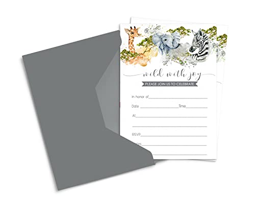 Jungle Baby Shower Invitations and Envelopes Pack of 15 – Fill In Blank Invites for Boys Baby Shower, Reveal, Birthday – Royal Safari Animal Event – Printed 4×6 Size Cards – Paper Clever Party