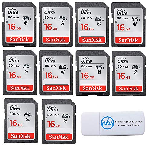 SanDisk Ultra 16GB (10 Pack) Class 10 SDHC Genuine Flash Memory Card (SDSDUNC-016G-GN6IN) Bundle with Everything But Stromboli Card Reader