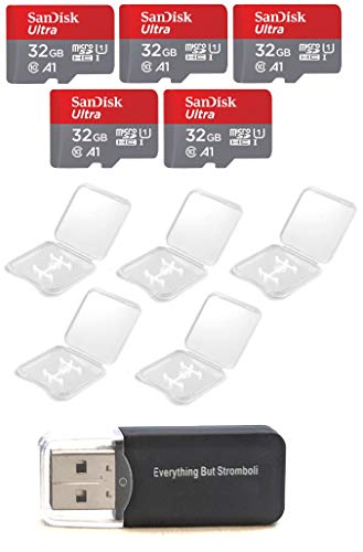 SanDisk Ultra 32GB Micro SD SDHC Memory Flash Card (5 Pack) UHS-I Class 10 SDSQUAR-032G-GN6MN Wholesale Lot Bundle with 5 Plastic Jewel Cases and Everything But Stromboli Card Reader