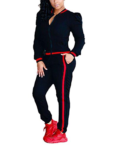 Akmipoem Casual Long Sleeve Zip Up Jacket and Pants Tracksuits 2 Pieces outfits for Ladies Black L