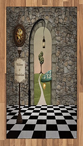 Ambesonne Alice in Wonderland Area Rug, Welcome Wonderland Black and White Floor Landscape Mushroom Print, Flat Woven Accent Rug for Living Room Bedroom Dining Room, 2′ 6″ x 5′, Multicolor
