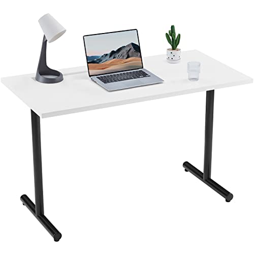 Sunon Home Office 47″ Computer Desk Wood Writing Table with Cable Managemant, Black Metal Frame, White