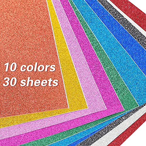 JOHOUSE 30Sheets Vinyl Glitter Cardstock Paper Sheets, Sparkle Vinyl Shinny Craft Sheets, Self-Adhesive Glitter Vinyl Sticker for Gift Wrapping DIY Party Decorations, 10 Colors, A4