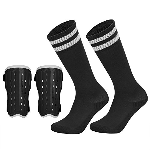 Soccer Shin Pad Over Knee Soccer Socks 2 Pairs Kids Leg Carf Protective Shin Pads Adjustable Perforated Breathable Guard Board and Impact Resistant Soccer Guards Socks Black