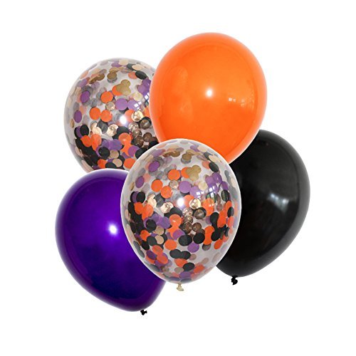 11″ Halloween Orange Black and Purple Balloons Pack Prefilled With Gold Orange Purple and Black Confetti For Halloween Decor(Pack of 15)