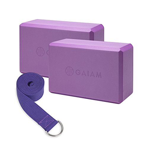 Gaiam Essentials Yoga Block 2 Pack & Yoga Strap Set, Deep Purple , 9″W x 6″H x 4″D