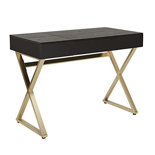 OSP Home Furnishings Andrea Desk with Built-in Power , Black Top with Matte Gold Legs