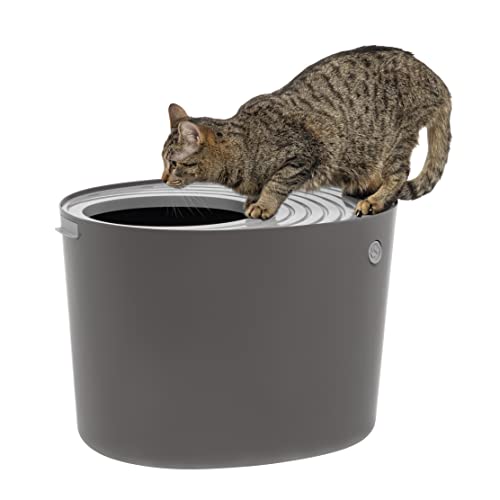 IRIS USA Round Top Entry Cat Litter Box with Scoop, Large Stylish Curved Kitty Litter Pan with Litter Catching Grooved Cover Less Tracking Dog Proof and Privacy Walls, Gray