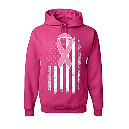Tee Hunt Pink Ribbon Distressed Flag Hoodie Breast Cancer Awareness Sweatshirt Hot Pink Large