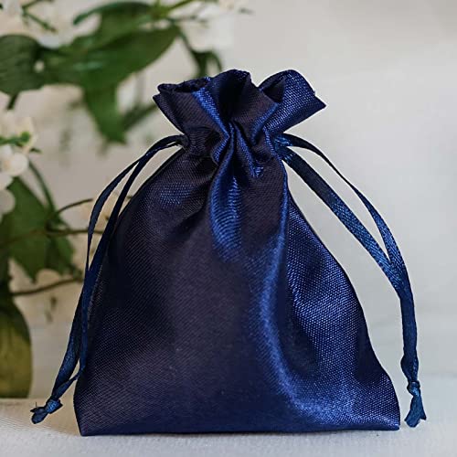 TABLECLOTHSFACTORY 12PCS Navy Blue Satin Gift Bag Drawstring Pouch Wedding Favors Bridal Shower Jewelry Bags – 3″x4″
