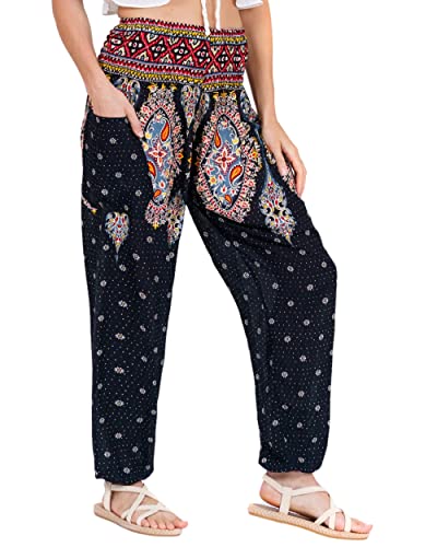 LOFBAZ Harem Pants for Women Yoga Boho Hippie Clothing Womens Palazzo Bohemian Pajama Beach Indian Gypsy Genie Clothes Floral 1 Black 4XL