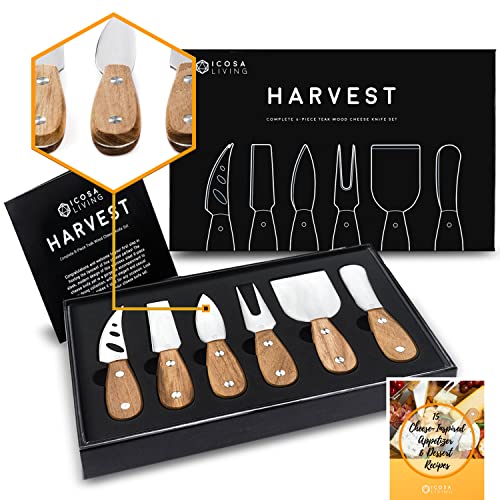 Harvest 6-Piece Cheese Knife Set (Gift-Ready) – Premium Stainless Steel Cheese Knives with Rivets, Full Tang Blades and Teak Wood Handle Charcuterie Board Accessories w/ 15 Festive Recipes