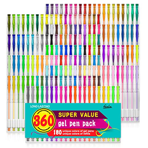 feela 360 Colors Gel Pens Set 180 Unique Gel Pen Plus 180 Refills for Adult Coloring Books Drawing