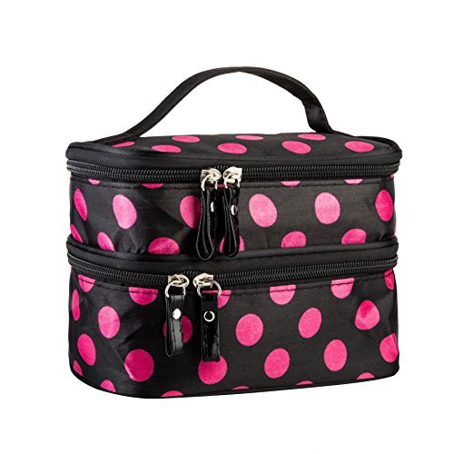 Cosmetic Bag MakeUp Case Double Layer Dot Pattern Portable Waterproof Wear Resistance Durable With 2 Zipper Holder With Mirror Travel Toiletry Bag Organizer (Black Rose)