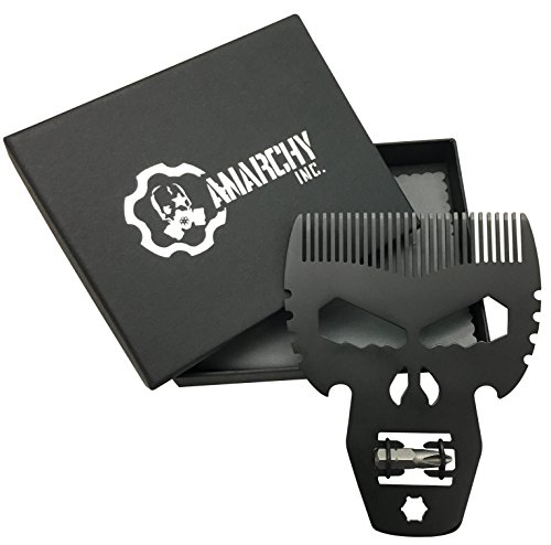 Anarchy Inc. – Limited Edition Skull Titanium Alloy Beard & Hair Comb | Anti-Static Tactical 6-in-1 Multitool | Onyx Black