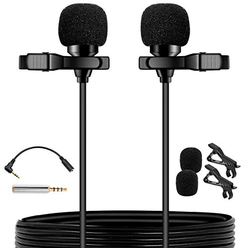 PoP voice Premium 16 Feet Dual-head Lavalier Microphone, Professional Lapel Clip-on Omnidirectional Condenser Mic for Apple iPhone,Android,PC,Recording Youtube,Interview,Video Conference,Podcast