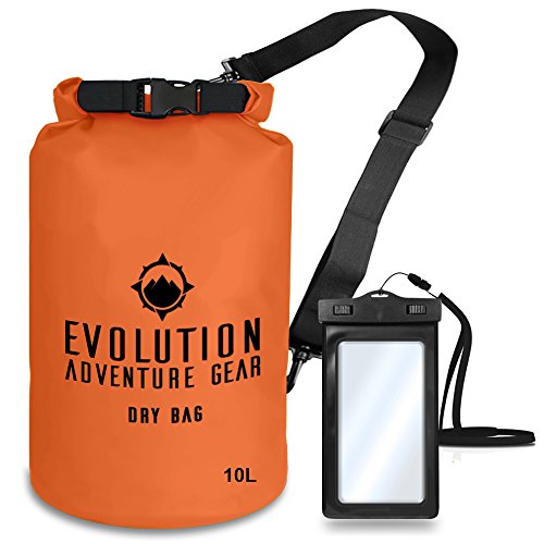 EVOLUTION Floating Waterproof Dry Bag – Professional Adventure Gear – Roll Top Compression Sack for Kayaking, Boating, Hiking, Fishing, Camping and Outdoor Travel – Waterproof Phone Case – 10L Orange