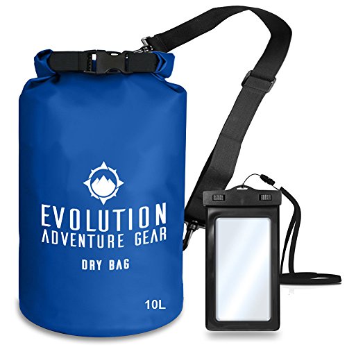 EVOLUTION Floating Waterproof Dry Bag – Professional Adventure Gear – Roll Top Compression Sack for Kayaking, Boating, Hiking, Fishing, Camping and Outdoor Travel – Waterproof Phone Case – 10L Blue